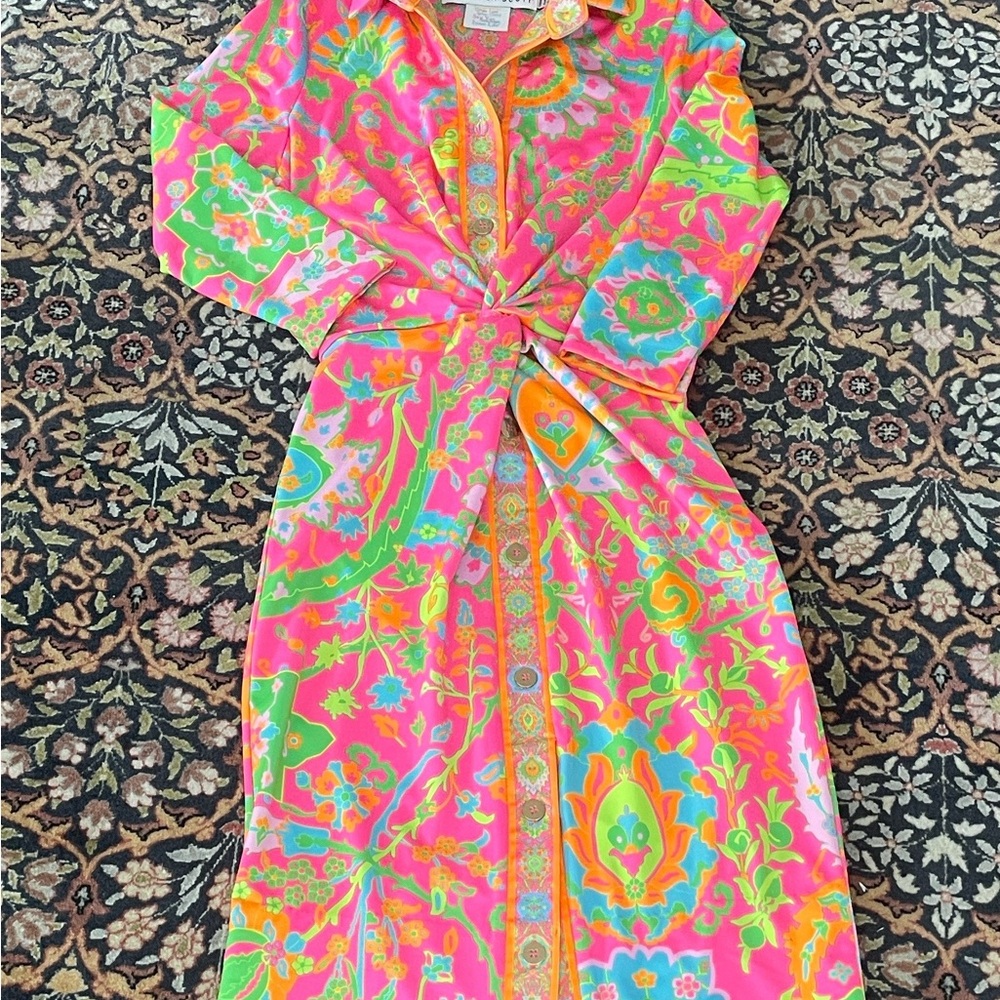 Gretchen Scott Designs Pink Multicolor Long Sleeve Shirt Dress